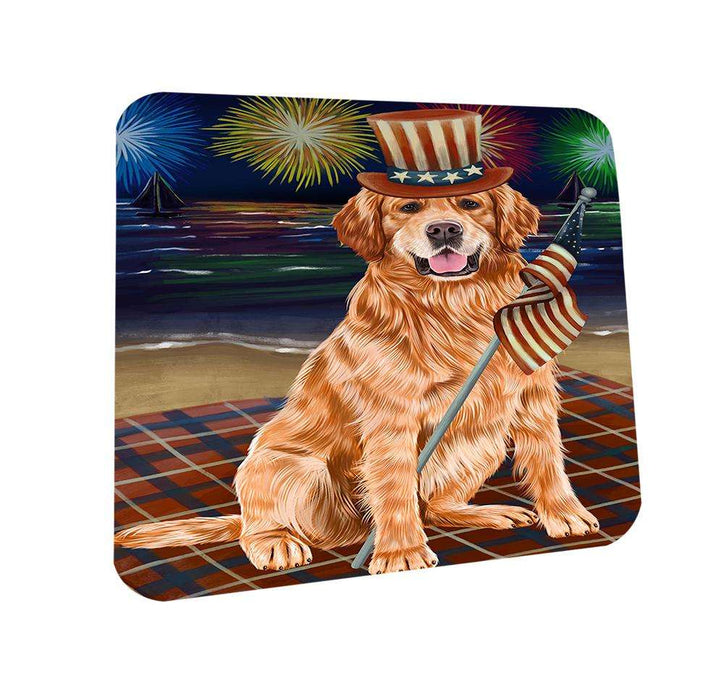4th of July Independence Day Firework Golden Retriever Dog Coasters Set of 4 CST48868