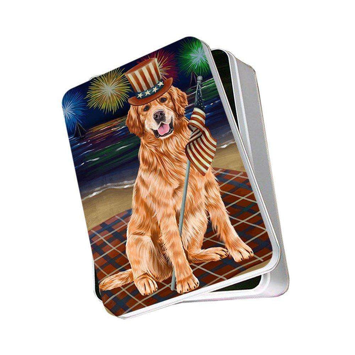 4th of July Independence Day Firework Golden Retriever Dog Photo Storage Tin PITN48909