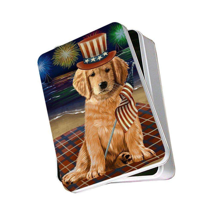 4th of July Independence Day Firework Golden Retriever Dog Photo Storage Tin PITN48911