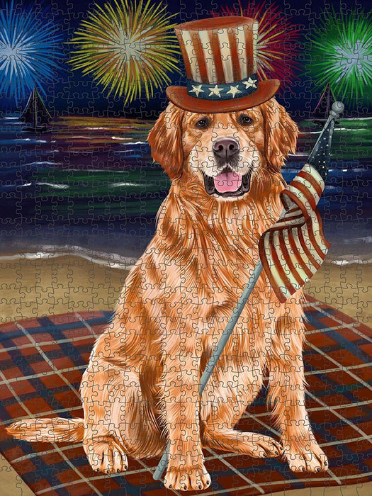 4th of July Independence Day Firework Golden Retriever Dog Puzzle with Photo Tin PUZL50910