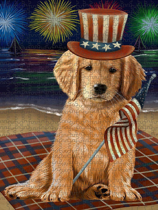 4th of July Independence Day Firework Golden Retriever Dog Puzzle with Photo Tin PUZL50916