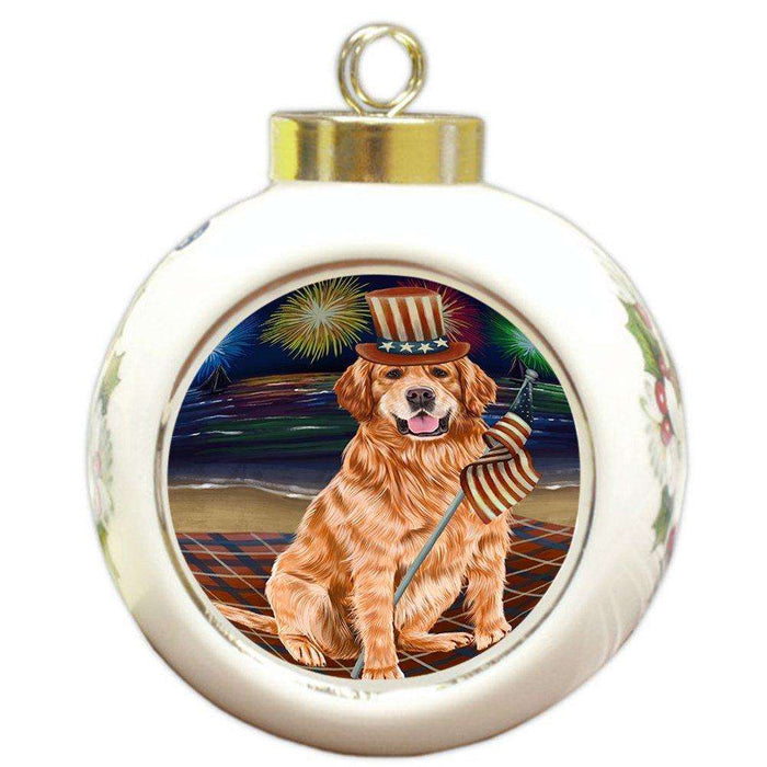 4th of July Independence Day Firework Golden Retriever Dog Round Ball Christmas Ornament RBPOR48909