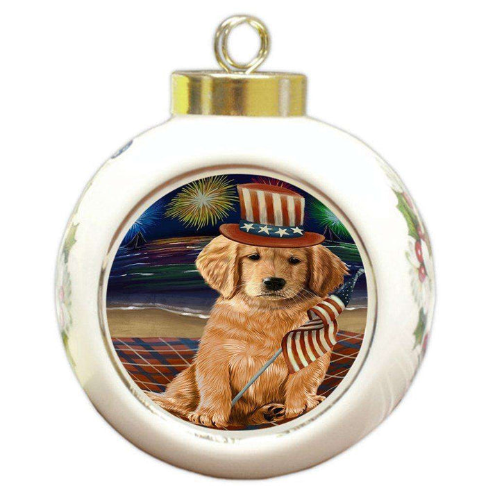 4th of July Independence Day Firework Golden Retriever Dog Round Ball Christmas Ornament RBPOR48911
