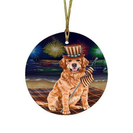 4th of July Independence Day Firework Golden Retriever Dog Round Christmas Ornament RFPOR48900