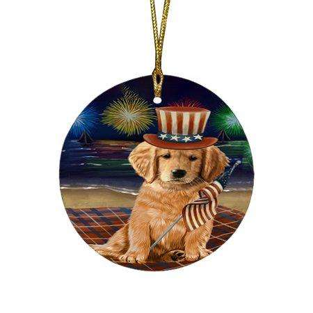 4th of July Independence Day Firework Golden Retriever Dog Round Christmas Ornament RFPOR48902