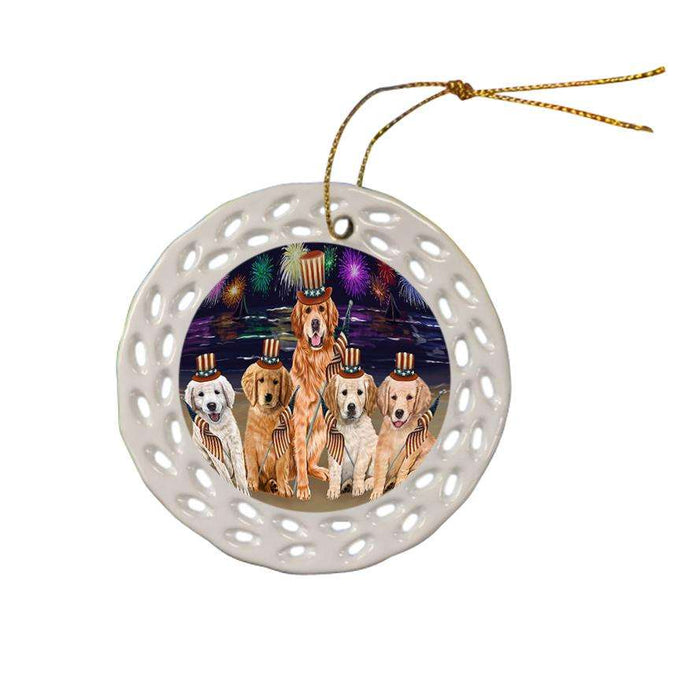 4th of July Independence Day Firework Golden Retrievers Dog Ceramic Doily Ornament DPOR48910