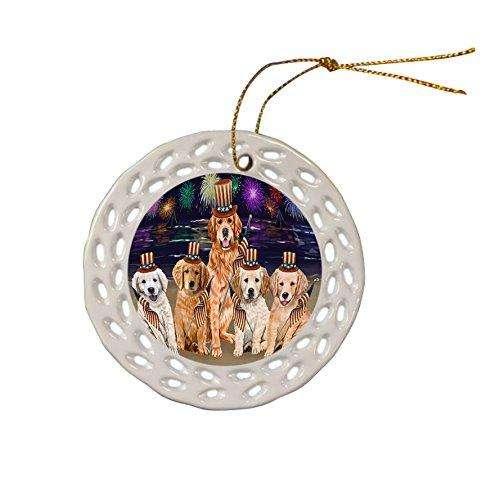 4th of July Independence Day Firework Golden Retrievers Dog Ceramic Doily Ornament DPOR48910