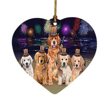 4th of July Independence Day Firework Golden Retrievers Dog Heart Christmas Ornament HPOR48910