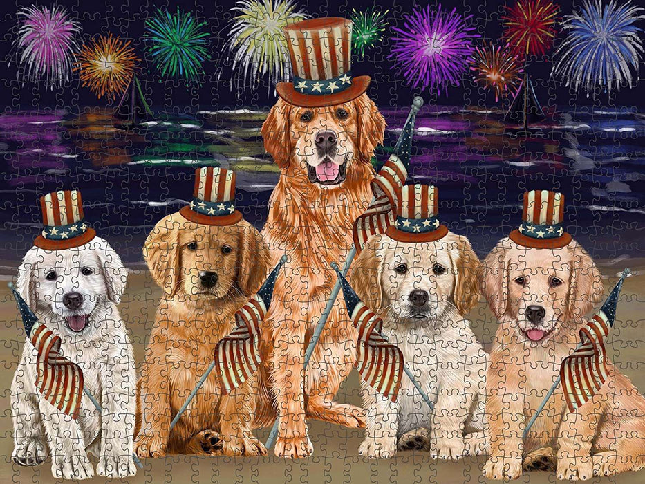 4th of July Independence Day Firework Golden Retrievers Dog Puzzle with Photo Tin PUZL50913