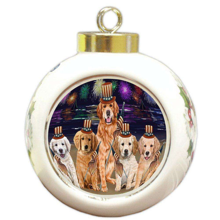 4th of July Independence Day Firework Golden Retrievers Dog Round Ball Christmas Ornament RBPOR48910