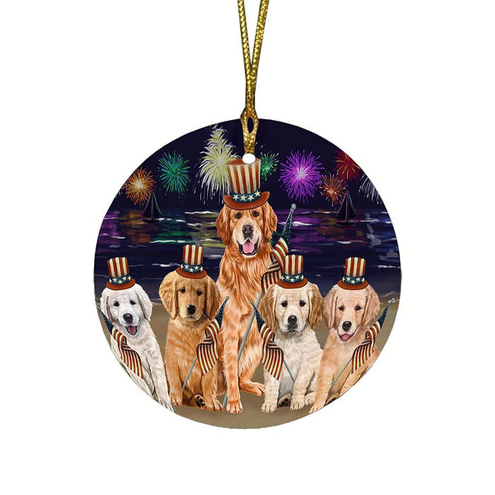 4th of July Independence Day Firework Golden Retrievers Dog Round Christmas Ornament RFPOR48901