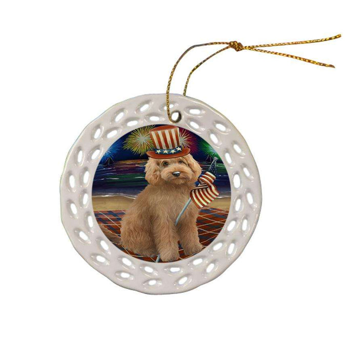 4th of July Independence Day Firework Goldendoodle Dog Ceramic Doily Ornament DPOR52039