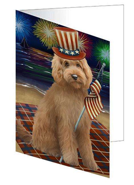 4th of July Independence Day Firework Goldendoodle Dog Handmade Artwork Assorted Pets Greeting Cards and Note Cards with Envelopes for All Occasions and Holiday Seasons GCD61316