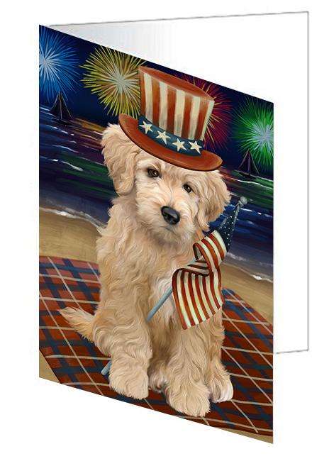 4th of July Independence Day Firework Goldendoodle Dog Handmade Artwork Assorted Pets Greeting Cards and Note Cards with Envelopes for All Occasions and Holiday Seasons GCD61322