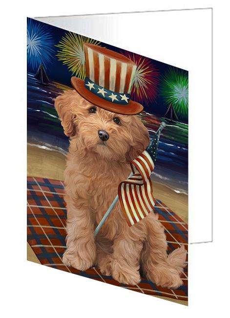 4th of July Independence Day Firework Goldendoodle Dog Handmade Artwork Assorted Pets Greeting Cards and Note Cards with Envelopes for All Occasions and Holiday Seasons GCD61328