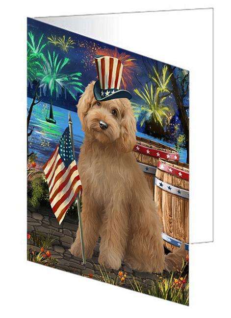 4th of July Independence Day Firework Goldendoodle Dog Handmade Artwork Assorted Pets Greeting Cards and Note Cards with Envelopes for All Occasions and Holiday Seasons GCD66170