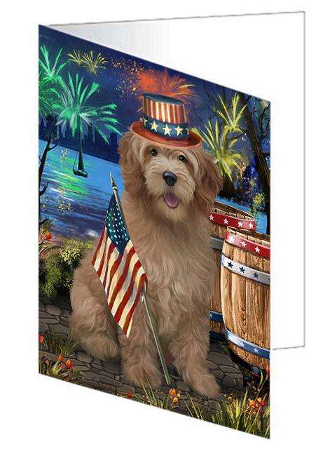 4th of July Independence Day Firework Goldendoodle Dog Handmade Artwork Assorted Pets Greeting Cards and Note Cards with Envelopes for All Occasions and Holiday Seasons GCD66173