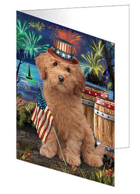 4th of July Independence Day Firework Goldendoodle Dog Handmade Artwork Assorted Pets Greeting Cards and Note Cards with Envelopes for All Occasions and Holiday Seasons GCD66176