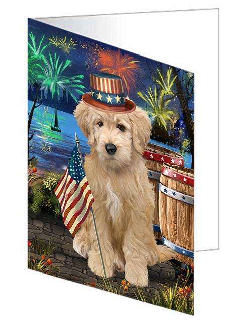 4th of July Independence Day Firework Goldendoodle Dog Handmade Artwork Assorted Pets Greeting Cards and Note Cards with Envelopes for All Occasions and Holiday Seasons GCD66179