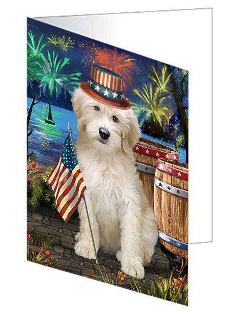4th of July Independence Day Firework Goldendoodle Dog Handmade Artwork Assorted Pets Greeting Cards and Note Cards with Envelopes for All Occasions and Holiday Seasons GCD66182