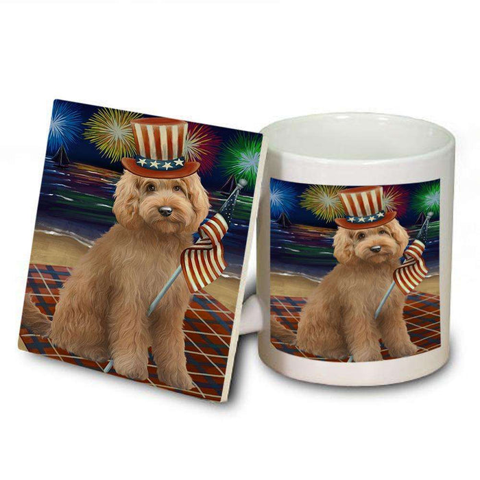 4th of July Independence Day Firework Goldendoodle Dog Mug and Coaster Set MUC52031