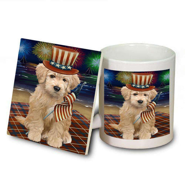 4th of July Independence Day Firework Goldendoodle Dog Mug and Coaster Set MUC52033