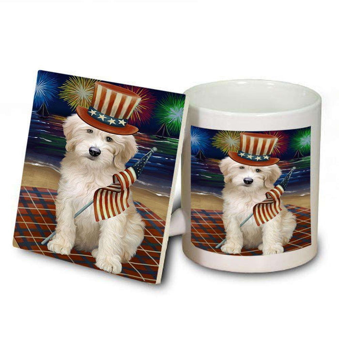 4th of July Independence Day Firework Goldendoodle Dog Mug and Coaster Set MUC52034