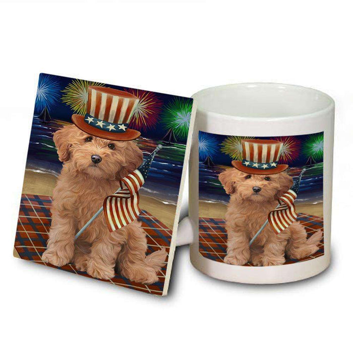 4th of July Independence Day Firework Goldendoodle Dog Mug and Coaster Set MUC52035