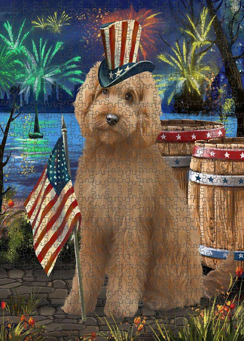 4th of July Independence Day Firework Goldendoodle Dog Puzzle with Photo Tin PUZL83344