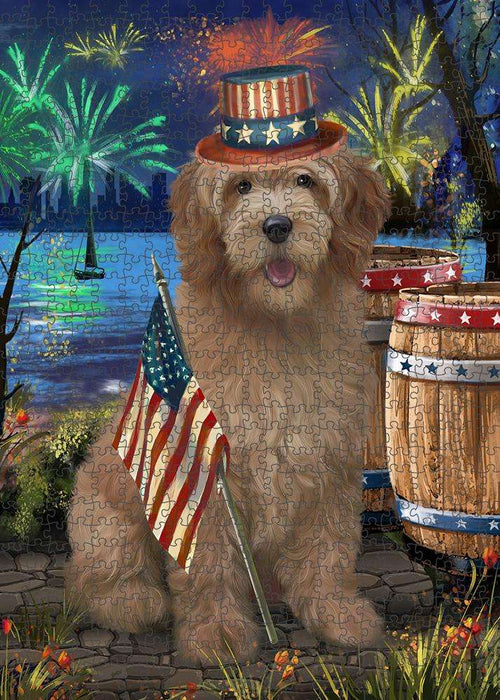 4th of July Independence Day Firework Goldendoodle Dog Puzzle with Photo Tin PUZL83348