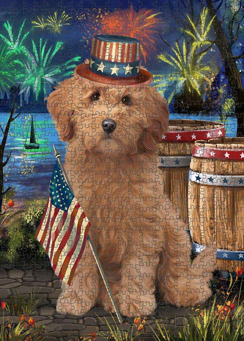 4th of July Independence Day Firework Goldendoodle Dog Puzzle with Photo Tin PUZL83352