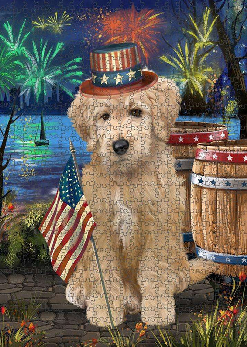4th of July Independence Day Firework Goldendoodle Dog Puzzle with Photo Tin PUZL83356