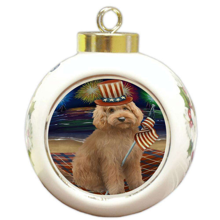 4th of July Independence Day Firework Goldendoodle Dog Round Ball Christmas Ornament RBPOR52039