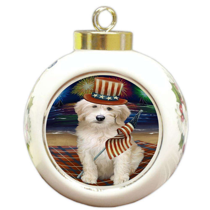 4th of July Independence Day Firework Goldendoodle Dog Round Ball Christmas Ornament RBPOR52042