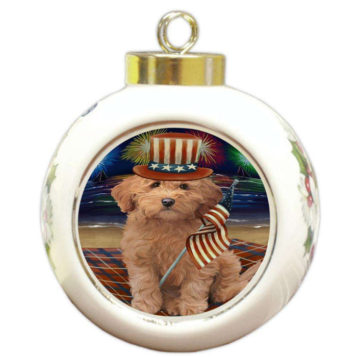 4th of July Independence Day Firework Goldendoodle Dog Round Ball Christmas Ornament RBPOR52043