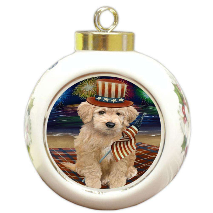 4th of July Independence Day Firework Goldendoodle Dog Round Ball Christmas Ornament RBPOR52431