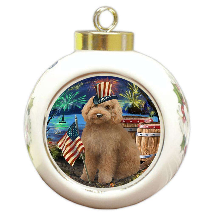 4th of July Independence Day Firework Goldendoodle Dog Round Ball Christmas Ornament RBPOR54047