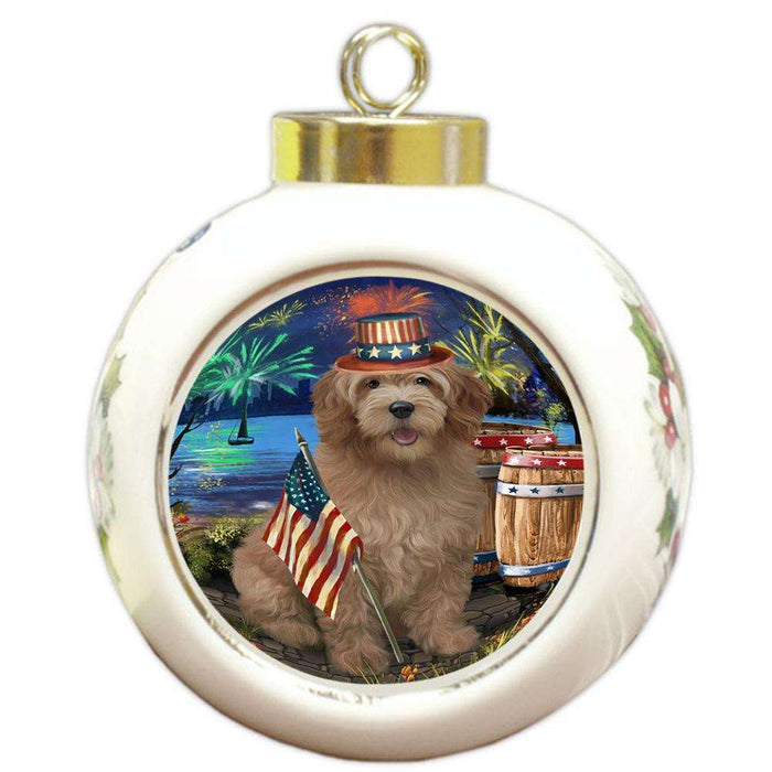 4th of July Independence Day Firework Goldendoodle Dog Round Ball Christmas Ornament RBPOR54048