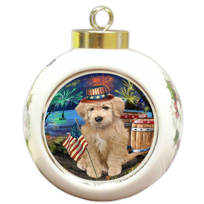 4th of July Independence Day Firework Goldendoodle Dog Round Ball Christmas Ornament RBPOR54050