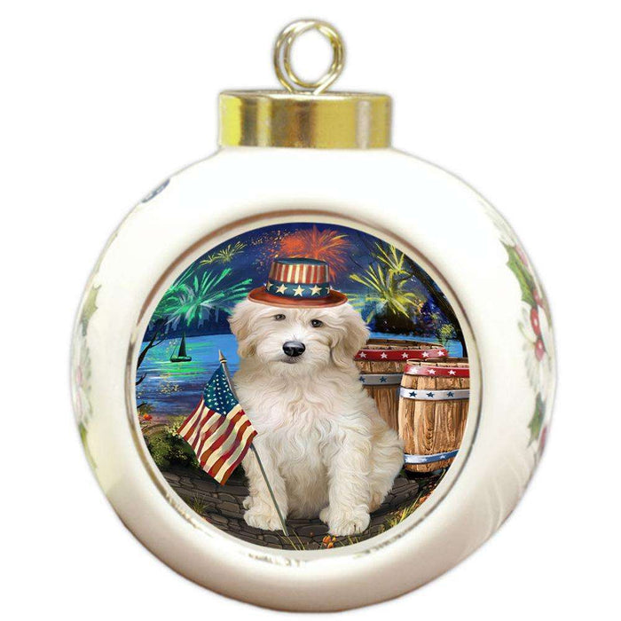 4th of July Independence Day Firework Goldendoodle Dog Round Ball Christmas Ornament RBPOR54051