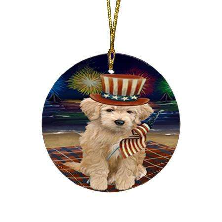 4th of July Independence Day Firework Goldendoodle Dog Round Flat Christmas Ornament RFPOR52032