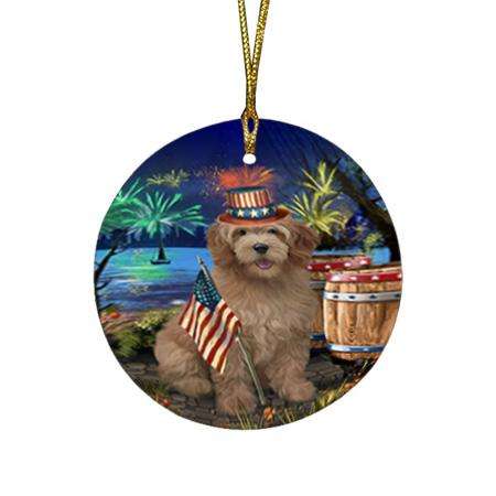4th of July Independence Day Firework Goldendoodle Dog Round Flat Christmas Ornament RFPOR54039