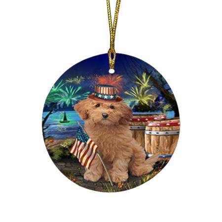 4th of July Independence Day Firework Goldendoodle Dog Round Flat Christmas Ornament RFPOR54040
