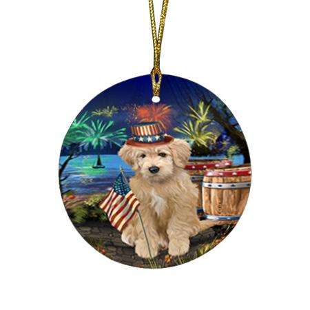 4th of July Independence Day Firework Goldendoodle Dog Round Flat Christmas Ornament RFPOR54041