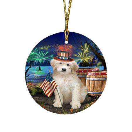 4th of July Independence Day Firework Goldendoodle Dog Round Flat Christmas Ornament RFPOR54042