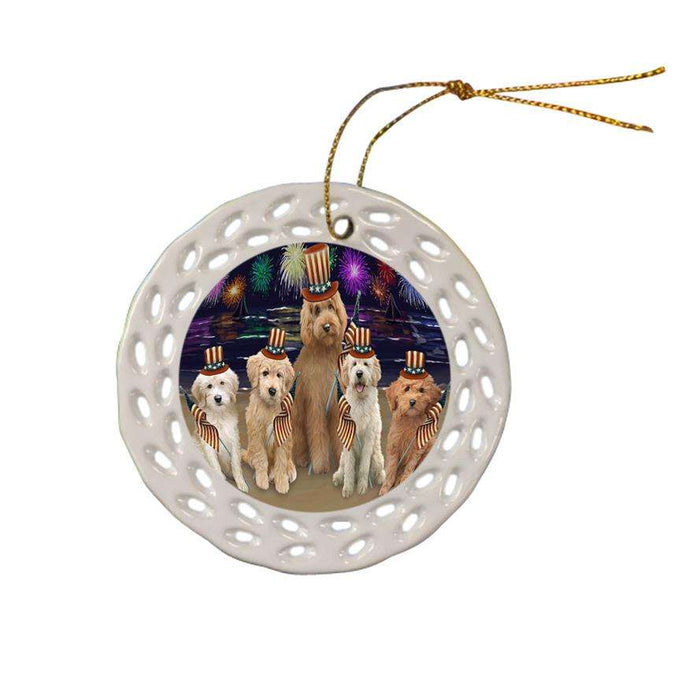 4th of July Independence Day Firework Goldendoodles Dog Ceramic Doily Ornament DPOR52040