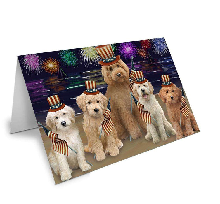 4th of July Independence Day Firework Goldendoodles Dog Handmade Artwork Assorted Pets Greeting Cards and Note Cards with Envelopes for All Occasions and Holiday Seasons GCD61319