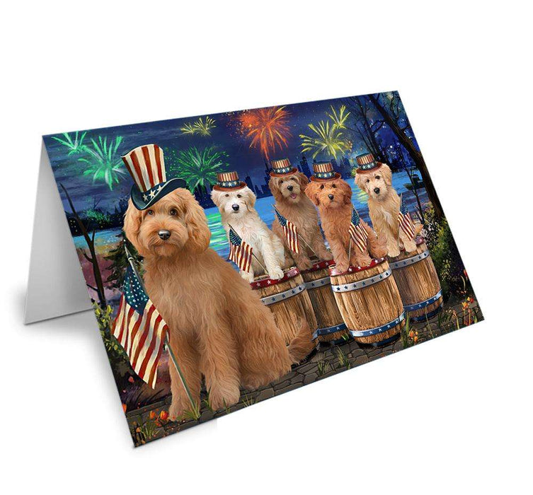 4th of July Independence Day Firework Goldendoodles Dog Handmade Artwork Assorted Pets Greeting Cards and Note Cards with Envelopes for All Occasions and Holiday Seasons GCD66359