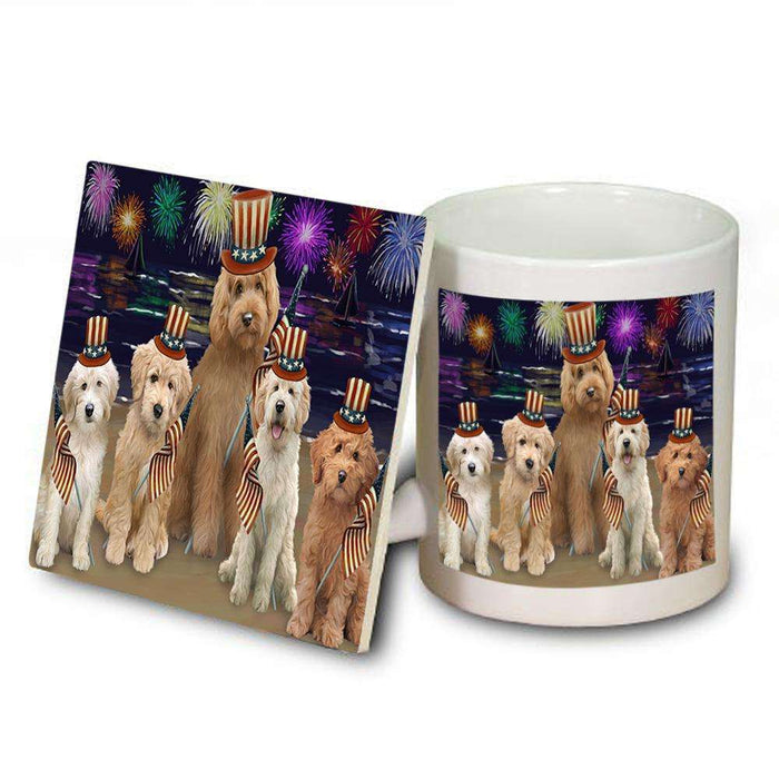 4th of July Independence Day Firework Goldendoodles Dog Mug and Coaster Set MUC52032
