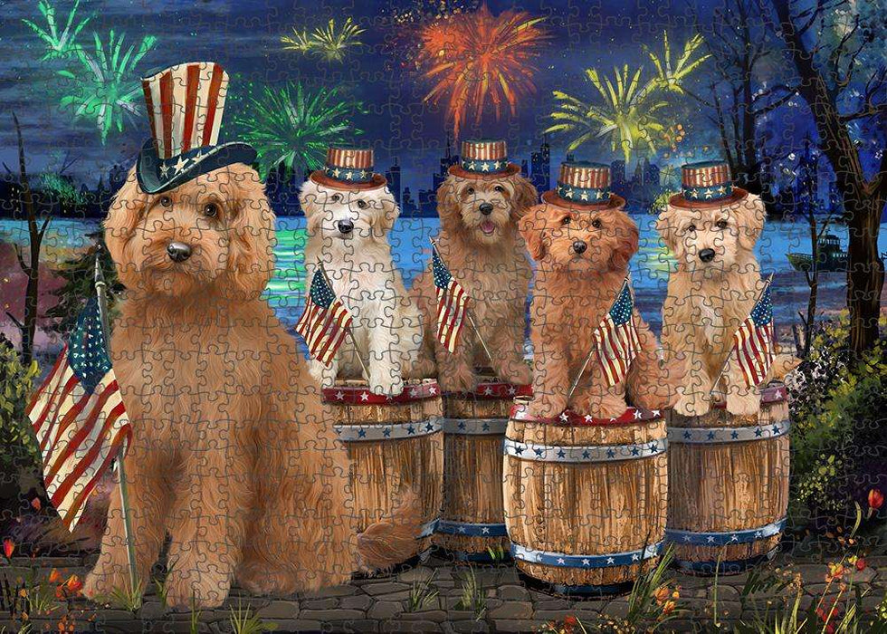 4th of July Independence Day Firework Goldendoodles Dog Puzzle with Photo Tin PUZL83596